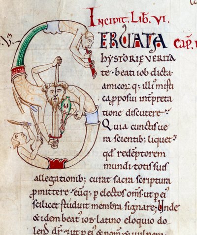 Žongléři a hudebníci - lettrine S (initial). Miniatura z rukopisu "Moralia in Job", Morales sur Job od Saint Gregoire, z opatství citeaux. od French School
