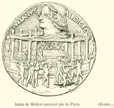 Giuliano de Medici zavražděn Pazzi, bronz (rytina) od French School