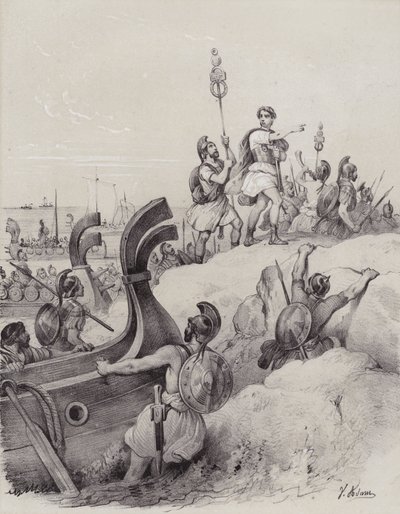 Julius Caesar a Římané přistávající v Kentu při své první invazi do Británie, 55 př.nl (litho) od French School