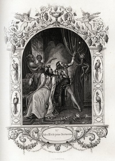 Julius III (julius nebo Iulius nebo Giulio) (papež v letech 1550 až 1555) a mladý Bertuccino, opičí show. Rytina k ilustraci Histoire des Popes od Maurice Lachatre (1814-1900), librairie du progres, Paříž. od French School