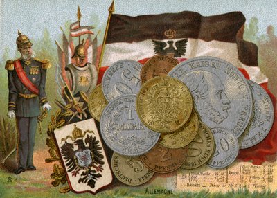 Kaiser Wilhelm I. stojící vedle vlajky Pruského království a zobrazení německých německých mark, kolem roku 1890 od French School