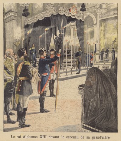 Španělský král Alfons XIII. před rakví své babičky, královny Isabely II (barevná litografie) od French School