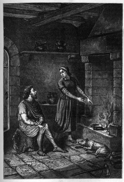 “ Král Alfréd Veliký (849-899) zapomene na koláče připravené dánským domem pod její střechou v Athelney a spálí je, 878 (rytina) od French School