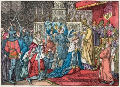 Král Karel VII. (1403-1461) přijímá korunu v katedrále v Remeši 17. 7. 1429 za přítomnosti Johanky z Arku (1412-1431) - Johanka z Arku se v Remeši zúčastňuje korunovačního ceremoniálu Karla VII. 17. července 1429 - Rytina konce 19 od French School