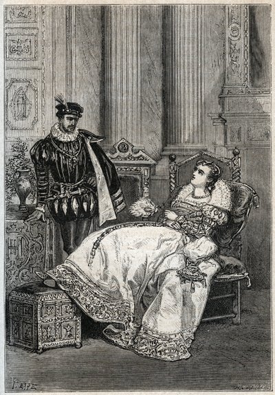 Král Jindřich II. (1519-1559) a Diane de Poitiers (1499-1566) - Jindřich II. Francouzský a Diane de Poitiers - rytina z „“ Histoire de France“ od Julese Micheleta - 1876-1877 - od French School
