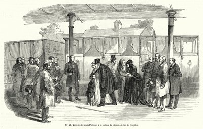 Francouzský král Louis-Philippe přijíždějící na nádraží Croydon poté, co byl nucen odejít do exilu, únor 1848 (rytina) od French School