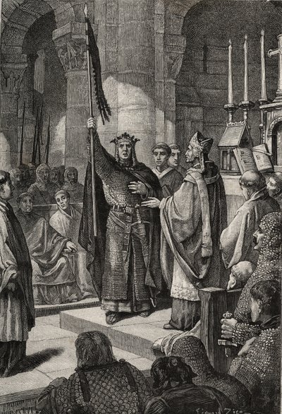 Král Ludvík VII. (1120-1180) přebírá oriflame v bazilice Saint Denis (Saint Denis) za přítomnosti královny Alienor Akvitánské a přijímá čmeláka a pannetiere z pelerinu z rukou papeže Evžena III. (? -1153) před jeho odjezdem od French School