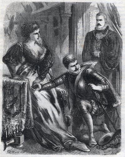 Král Filip II. (1527-1598) překvapí svého syna, prince Dona Carlose (1545-1568), když se snaží znásilnit svou tchyni (nevlastní matku), královnu Alžbětu (1545-1568) (Alžbětu Francouzskou nebo Isabelu z Valois) , 17. ledna od French School