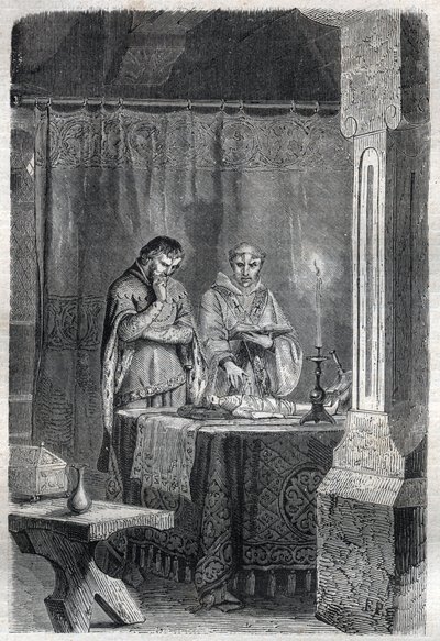 Francouzský král Karel V. Moudrý (1338 - 1380) se radil s dudlíky. Rytina do „“ Historie papežů (...) Zločiny královny, krále a císařů v průběhu staletí“ od Maurice Lachatre od French School