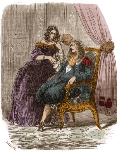 Francouzský král Ludvík XIV. (1638-1715) s Francoise Athenais (Francoise-Athenais) od Rochechouarta Mortemarta, markýze z Montespanu (nebo Madame de Montespan) (1640-1707). Rytina 19. století. od French School