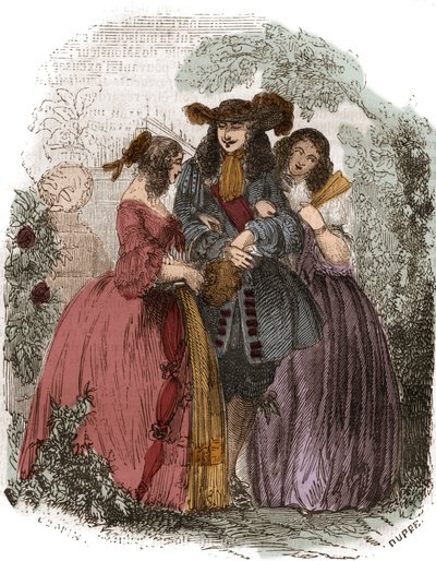 Francouzský král Ludvík XIV. (1638-1715) s Hortense Mancini (1646-1699) a jeho sestrou Marií Mancini (1639-1715). Mazarinovy neteře. Rytina 19. století. od French School