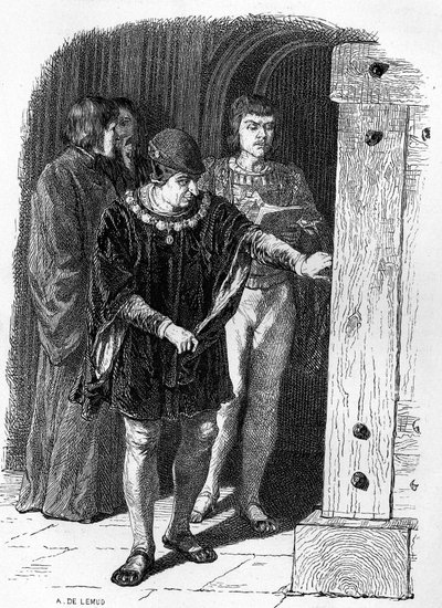 Francouzský král Ludvík XI. na návštěvě klecí Bastily. Rytina v „“ Notre Dame de Paris““ od Victora Huga od French School