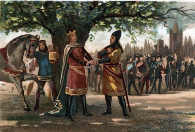Francouzský král Philippe Augustus (1165-1223) se setkal se Lvím srdcem krále Richarda v Saint Denis během dobytí Oriflame. Chromolitografie kolem roku 1890. od French School