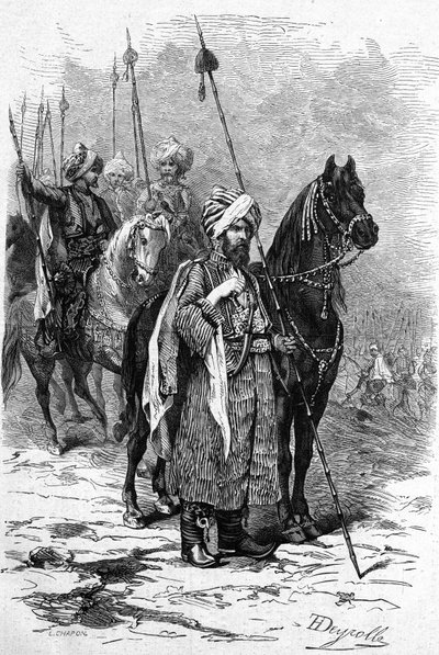 Kurdští vojáci v roce 1877 během východní války (1875-1878) nazývané také turecká ruská válka (rusko-turecká). Rytina v „“ Le Monde Illustré““ č. 1055 z 30. června od French School
