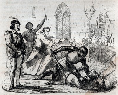 Aféra Carrouges 29. prosince 1386 - poslední právní duel - Duel mezi Jacquesem le Grisem (1330-1386) a Jeanem de Carrouges - rytina v „“ Ulice Paříže. Stará a moderní Paříž: původ, historie, památky, kostýmy, morálka, kroniky a tradice od French School