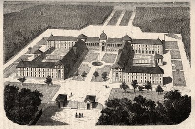 Imperial Asylum of Vesinet (současná nemocnice Vesinet) v Yvelines - rytina „“ PATILE““ - PECTURERICKÝ POPIS FRANCIE V 6 SVAZTECH LUCIEN HUARD - konec 19. století od French School