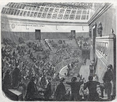 Pařížská lékařská fakulta – velký amfiteátr – rytina v „Tableau-de-Paris“ od Edmonda Texiera 1852 od French School