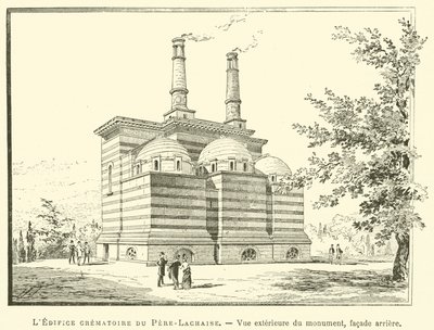 Budova krematoria Pere-Lachaise, vnější pohled na památník, zadní fasáda (rytina) od French School