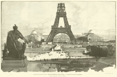 Všeobecná výstava z roku 1889, Stav děl Champ de Mars, pohled z paláce Trocadero, podle fotografie M H-C Godefroy (rytina) od French School