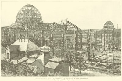 Všeobecná výstava z roku 1889, Rámce paláce výtvarných umění a svobodných umění, na Champ de Mars, podle fotografie M. Godefroye (rytina) od French School