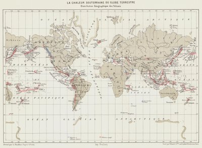 Podzemní teplo Země, geografické rozložení sopek (barevná litografie) od French School