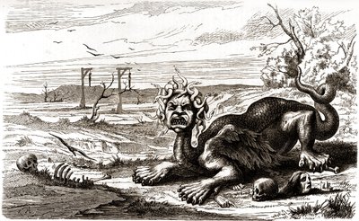 La Frond (1648-1653): obludné zvíře s hadí srstí, které stojí nad lidskými mrtvolami a kostrami. od French School