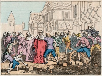 La Fronde (27. srpna 1648) - barikády v Paříži: rotorový chlapec ohrožující předsedu parlamentu Mathieu Mole (1584-1656) - Prezident Mole manipulovaný povstalci - Rytina konce 19. století v „“ Nos Gires Nationales - Obrázky a další od French School