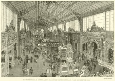 Velká centrální galerie, známá jako třicetimetrová galerie, v Palais du Champ de Mars (rytina) od French School