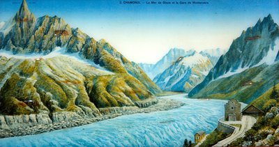 La Mer du Glace, Aiguille du Dru a stanice Montanvers, kolem roku 1900 (barevný snímek) od French School