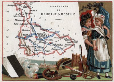 La Meurthe et Moselle (Meurthe-Et-Moselle, 54), Lorraine, Francie. Portrét dvou revolučních žen. Seriál o francouzských departementech. Chromolitografie (Chromo) „“zeměpisné vlákno“, kolem roku 1920. Soukromá sbírka. od French School