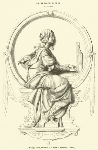 Posvátná hudba, basreliéf sochy Beethovena, v Bonnu (rytina) od French School