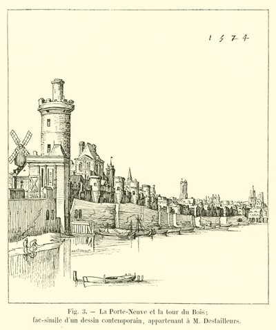 Porte-Neuve a věž Bois; faksimile současné kresby, patřící M Destailleurs od French School