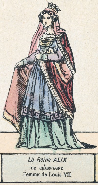 Královna Alix ze Champagne, manželka Ludvíka VII. (barevná rytina) od French School