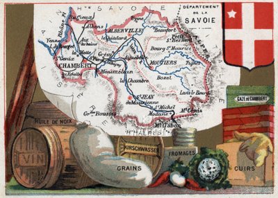La Savoie (73), Rhone Alpes (Rhone-Alpes), Francie. Seriál o francouzských departementech. Místní specialita: olej z vlašských ořechů, víno, obilniny, kirschwasser (kirsch), sýr, komorová gáza a kůže. Chromolitografie (Chromo) „“geografické vlákno“, kolem  od French School
