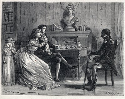 La Terreur během francouzské revoluce: Camille Desmoulins (1760-1794), vězněn, přijal návštěvu své manželky Lucile (1770-1794) a marechala Guillaume Brune (1763-1815) od French School