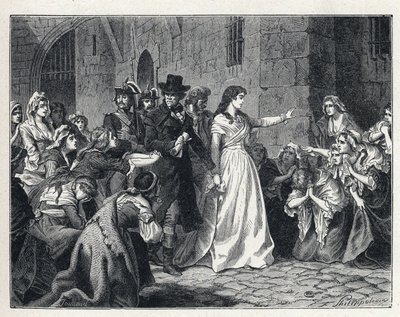 La Terreur během francouzské revoluce: Madame Jeanne Marie Roland de la Platiere (1754-1793) opouští věznici Concierge, aby se dostala před revoluční soud v roce 1793. Jeho kodexy mu klečí v cestě. od French School