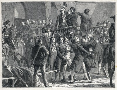La Terreur během revoluce Francaise: Girondinové odsouzení k smrti odcházejí na lešení a zpívají vlastenecké písně od French School