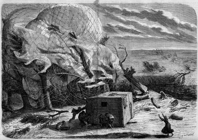 Pád balónu "Le Geant"" na pláních Hannoveru v roce 1863 s na palubě: Jules a Louis Godardovi, Felix Nadar, jeho manželka Fernand Montgolfier a Thirion. Letci se snaží zachránit paní Nadar, chycenou pod košem. Rytina v ""The World Illus od French School