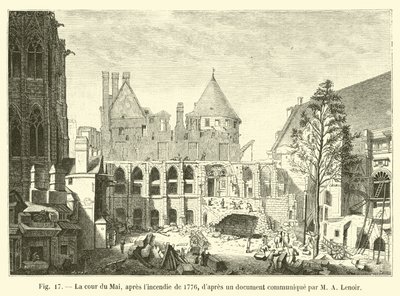 Cour du Mai, po požáru v roce 1776, podle dokumentu sděleného M A Lenoirem od French School