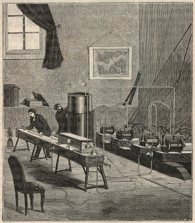 La liquefaction des gaz dans le laboratoire de Raoul Pictet (1878) - Raoul Pierre Pictet (1846-1929) švýcarský fyzik, provádí experiment se zkapalňováním a tuhnutím plynného vodíku a studoval vlastnosti látek při nízkých teplotách - Gravírování v „Scie od French School