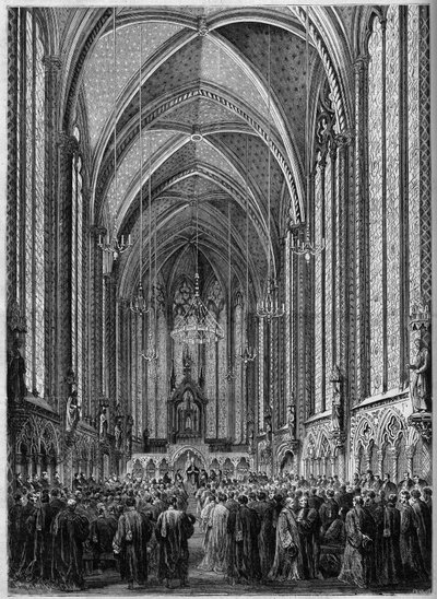 Mše Svatého Ducha, slavená v Sainte Chapelle v Paříži u příležitosti návratu magistrátu, 3. listopadu 1863. Rytina v ""Le Monde Illustre"" č. 343 ze 7. listopadu 1863. od French School