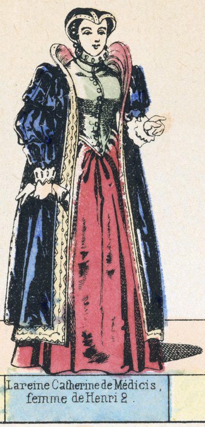Královna Catherine de Medici, manželka Jindřicha 2 (barevná rytina) od French School