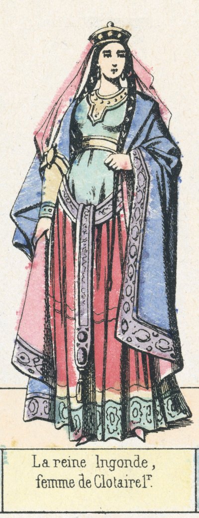 Queen Ingonde, manželka Clotaire 1r (barevná rytina) od French School