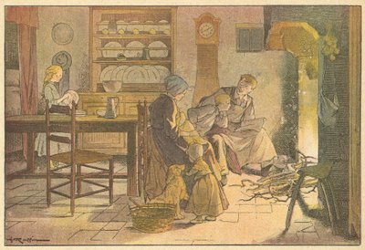 Rodinný večer (barevná litografie) od French School