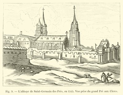 Opatství Saint-Germain des Pres, v roce 1545, pohled z Grand Pre aux Clercs od French School
