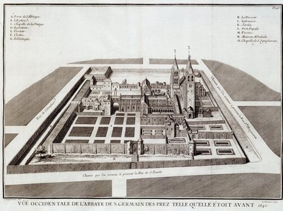 Opatství Saint Germain před rokem 1640 – v „“Historie opatství St Germain des Pres”” od Doma Jacquese Bouillarta, ed. Dupuis, Paříž od French School