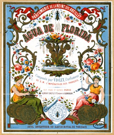 Reklamní štítek parfém Aqua de Florida z parfumerie La Reine des Abeilles, Paříž, 2. polovina 19. století od French School