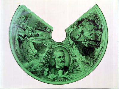 Stínidlo zdobené portrétem Giuseppe Verdiho (1813-1901) a výjevy z Othella a The Force of Destiny (rytina na papíře) od French School