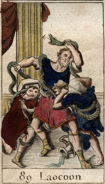 Laocoon Minerve podporující Řeky posílá mořské hady k útoku na Laocoon, který varuje obyvatele města Trója před koněm. Hadi se vrhli na jeho dva syny a pohnuli je, pak zaútočili na Laokoona. (Minerva podporující Řeky poslala od French School