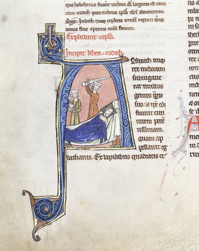 Velká historická iniciála „A“, zobrazující Juditu s mečem zdviženým nad spícím Holofernem, kolem 1200-1225 (hnědé, červené, bílé a modré inkousty na růžovém podkladu (vellum) s golem) od French School